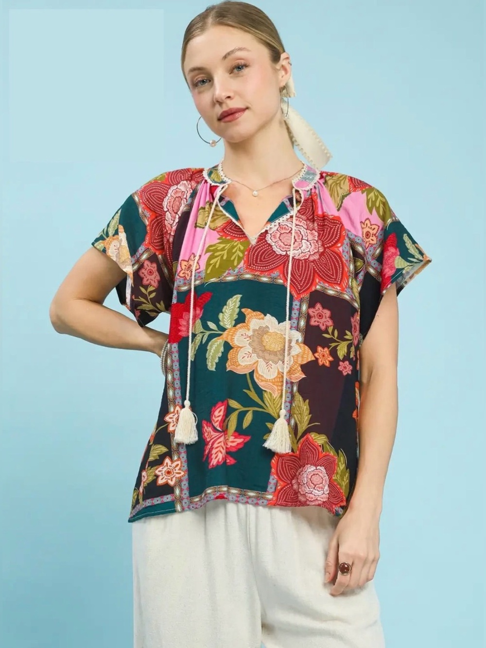 Umgee Mix Floral Patchwork Tassel Tie Top